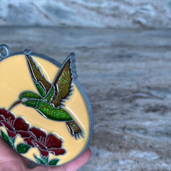 Stained Glass Hummingbird & Flowers Suncatcher Round Hanging Ornament 3 Inches - Picture 2 of 7